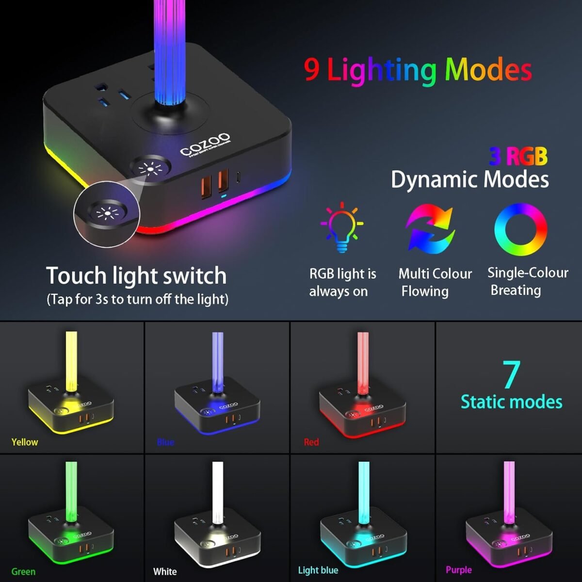 1747349189 cozoo rgb headphone stand with charger 3 usb ports and 2 ac outlets2.jpg