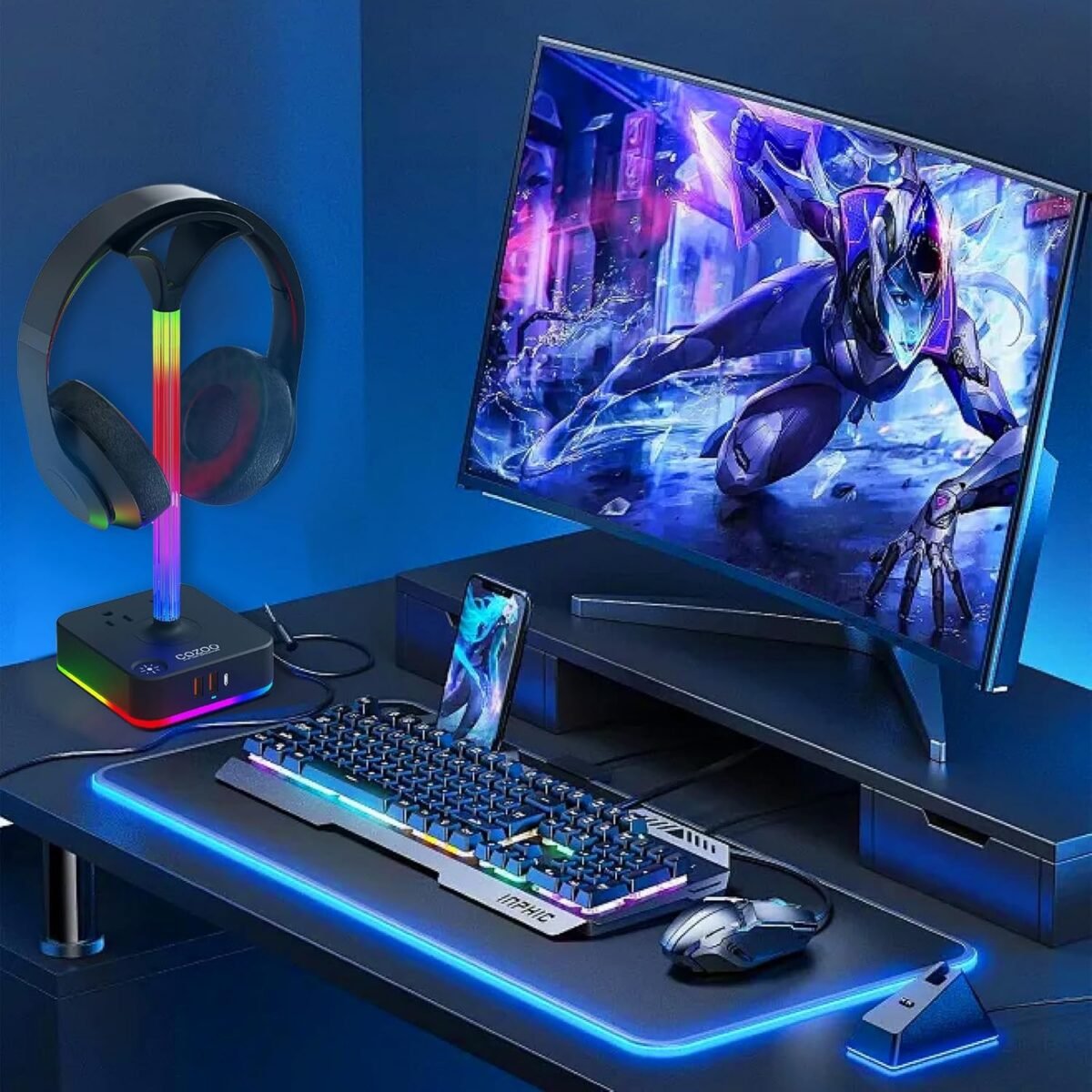 1747349191 cozoo rgb headphone stand with charger 3 usb ports and 2 ac outlets2.jpg