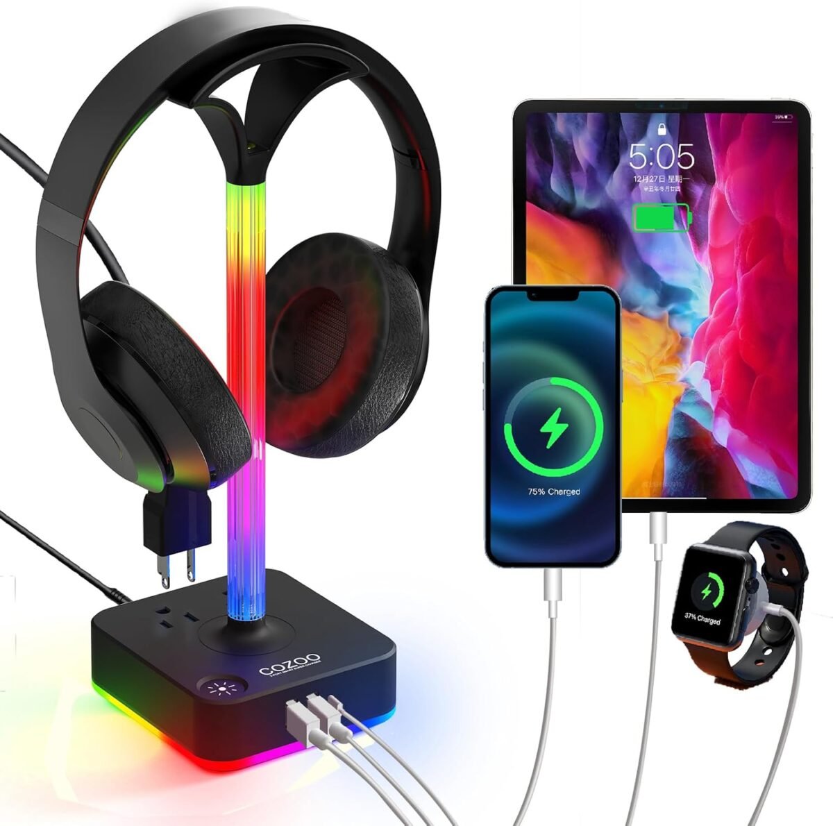 Cozoo rgb headphone stand with charger 3 usb ports and 2 ac outlets2.jpg