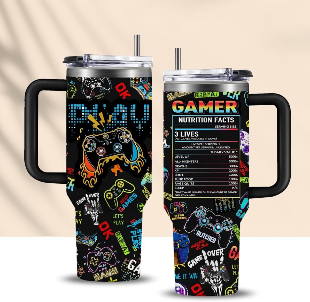 Gamer gifts for men boys tumbler with handle and straws 40oz stainless.jpg