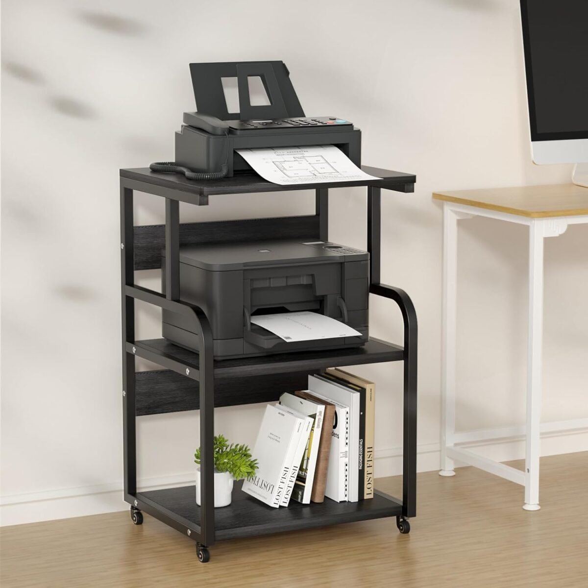 Large printer stand with 3 tier wood storage shelves multi purpose de.jpg